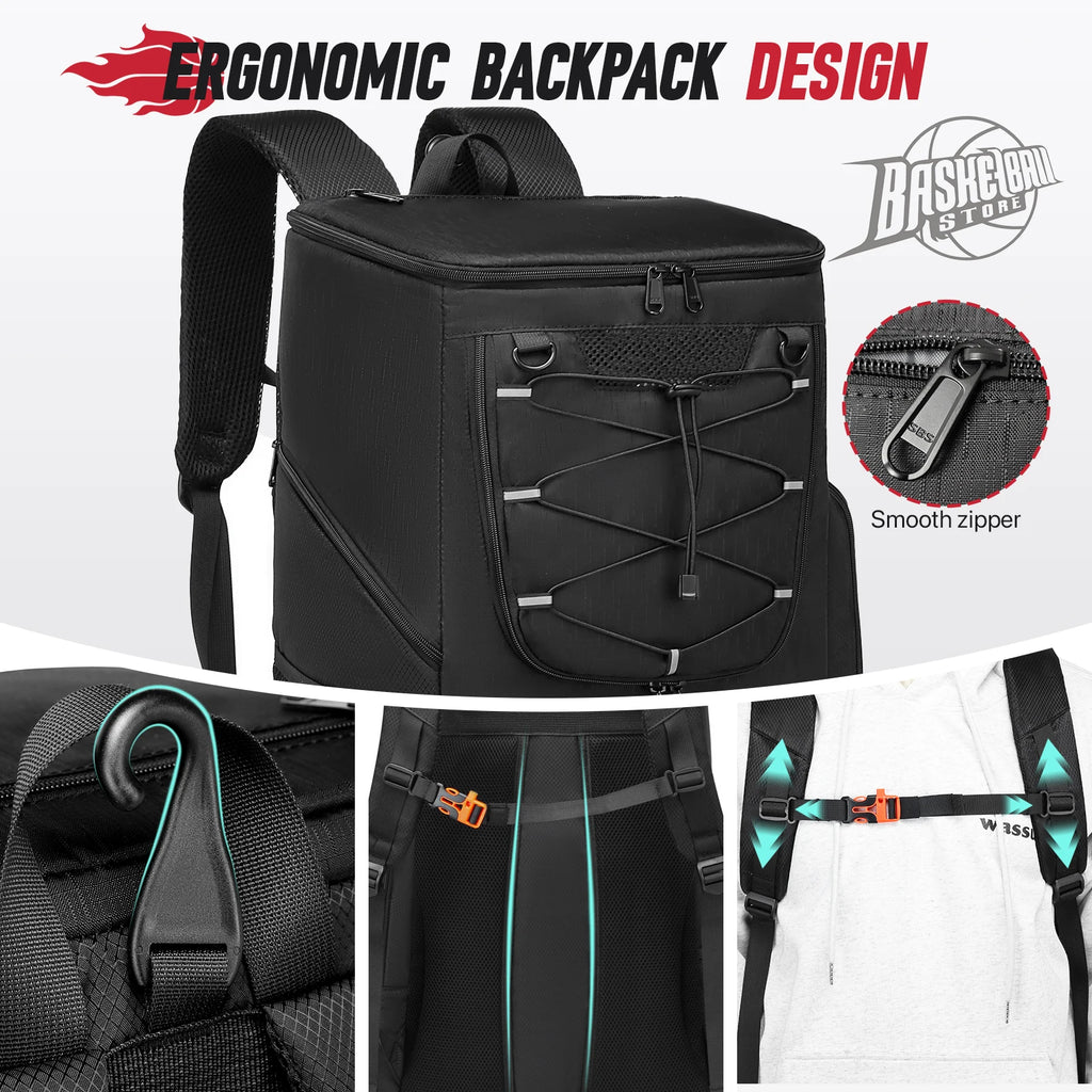 Close-up of black sports backpack showing ergonomic design, padded straps, smooth zipper, and hanging hook