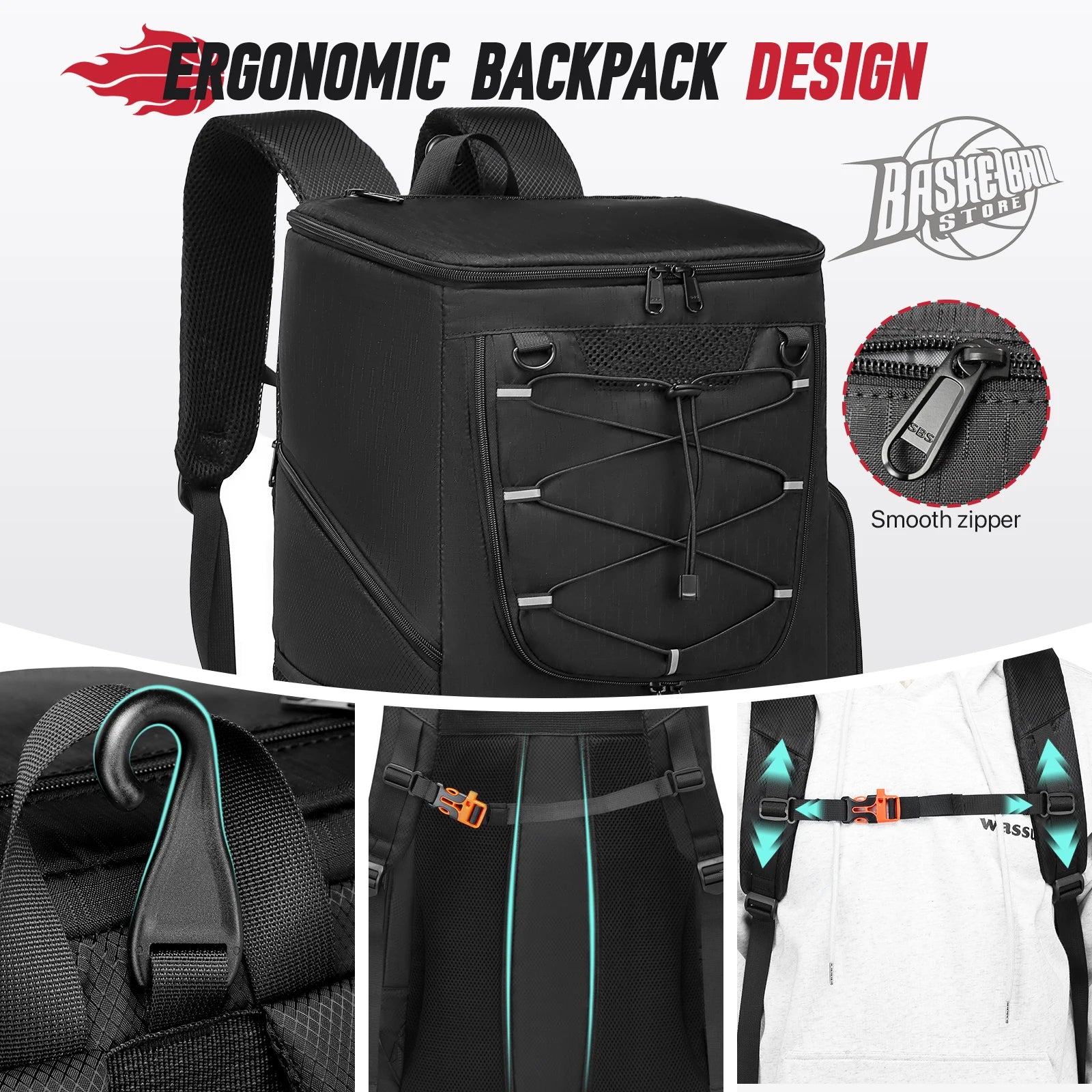 Close-up of black sports backpack showing ergonomic design, padded straps, smooth zipper, and hanging hook