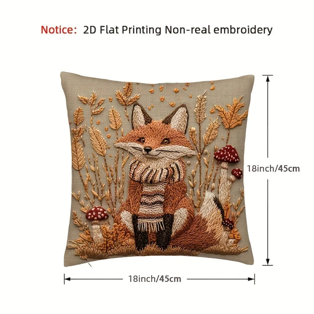 size chart for square fox print pillow cover with autumn design, 45x45cm shown