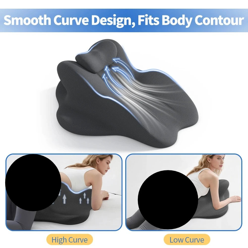 Contoured memory foam reading backrest pillow with smooth curve design shown in dark color