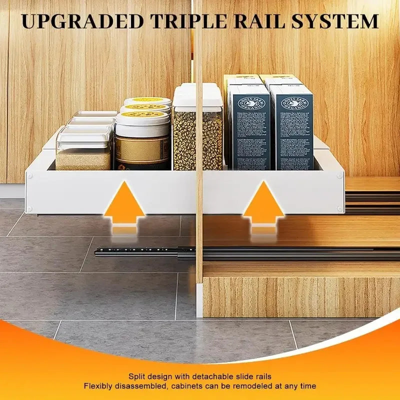 Triple rail sliding cabinet organizer with detachable slide rails for flexible cabinet arrangement