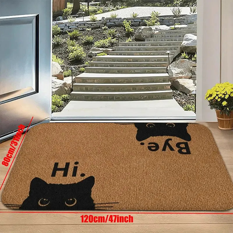 Large Hi Bye cat doormat at a front door entryway with measurement overlay
