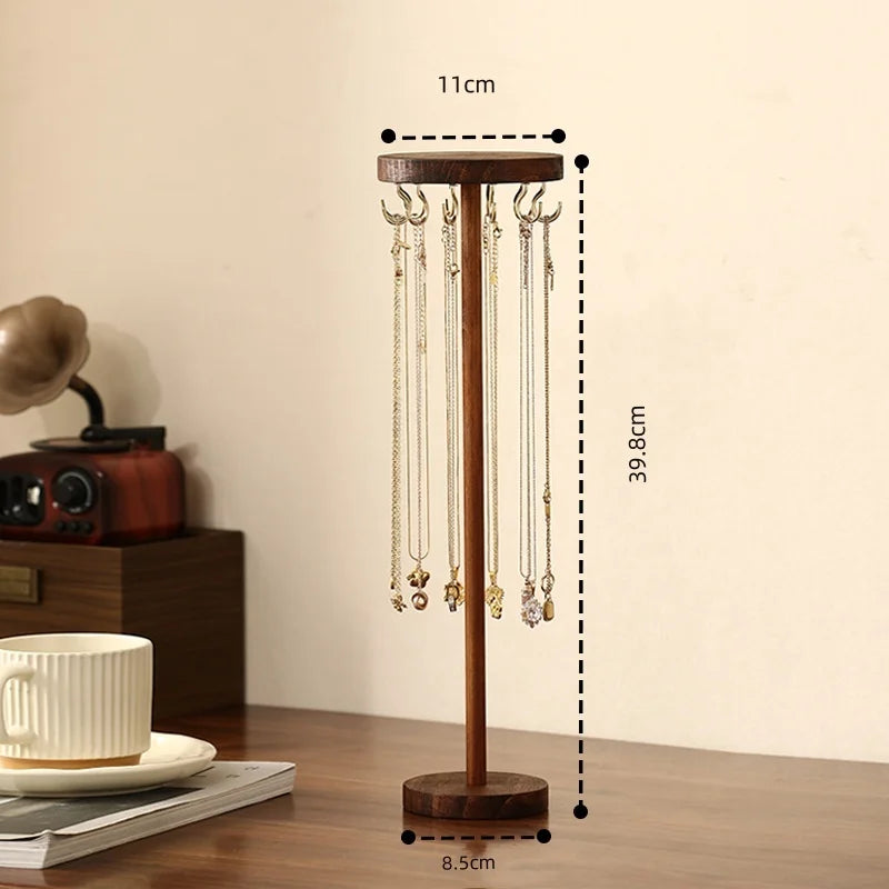Walnut Wood Necklace Organizer Stand with Hooks