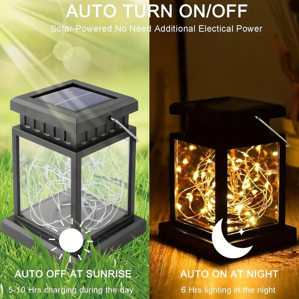Solar LED lantern in auto on/off mode in daylight and at night