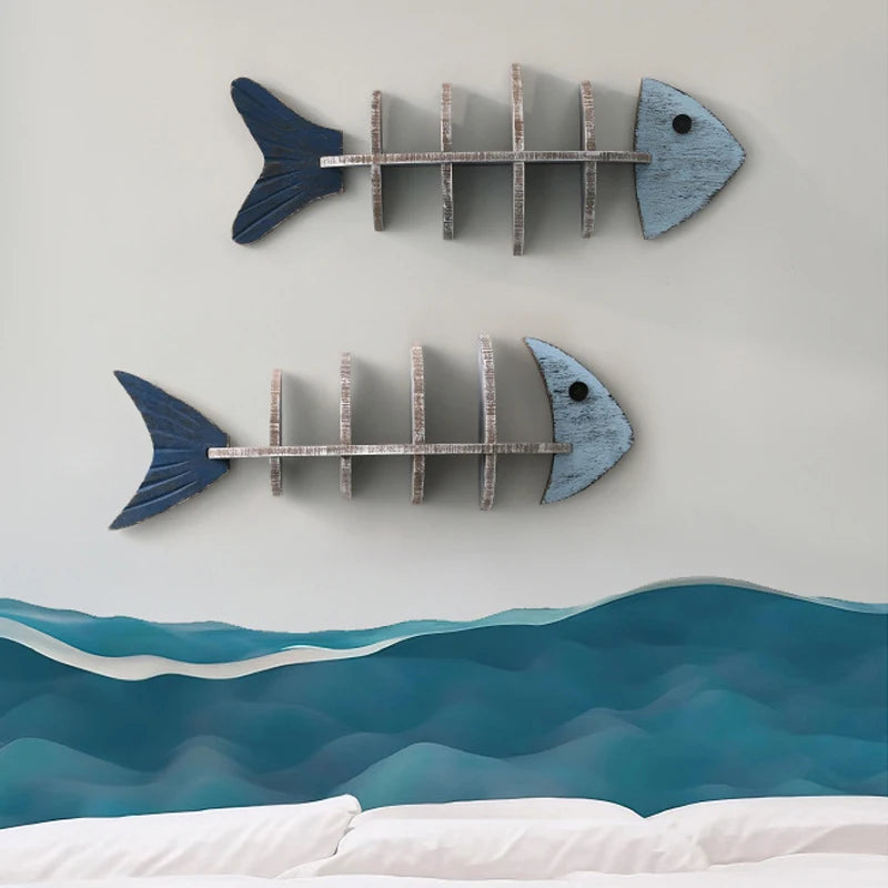 Two horizontal fishbone wall shelves on a neutral wall with blue accents