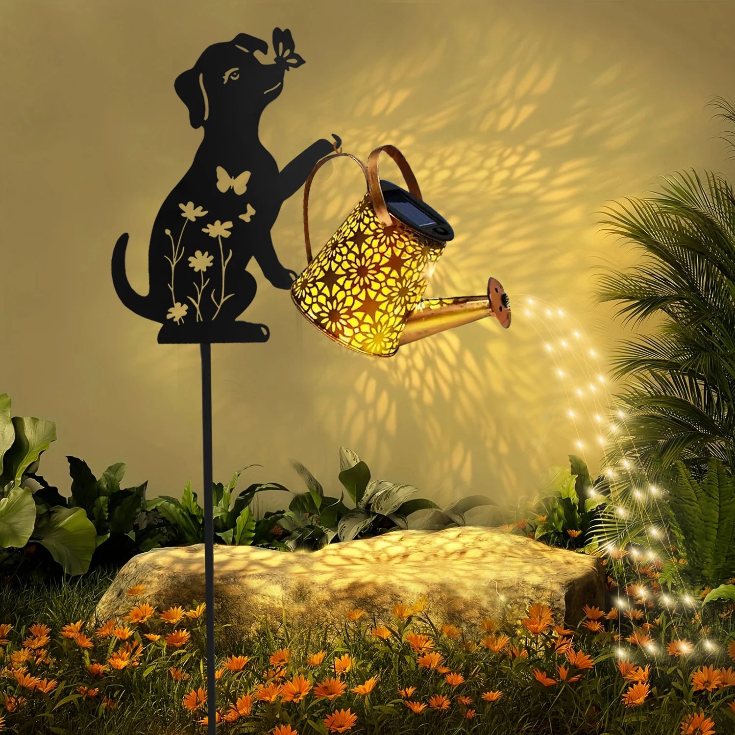 Dog silhouette solar garden lantern with watering can and warm glowing lights for evening garden decor