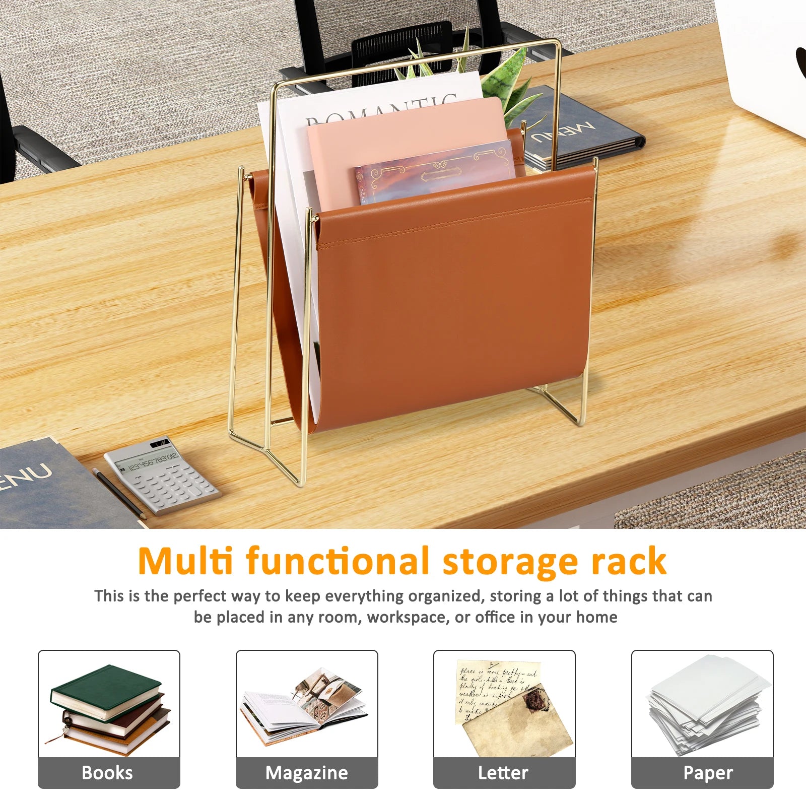 Brown Faux Leather and Gold Metal Magazine Rack for Living Room or Office
