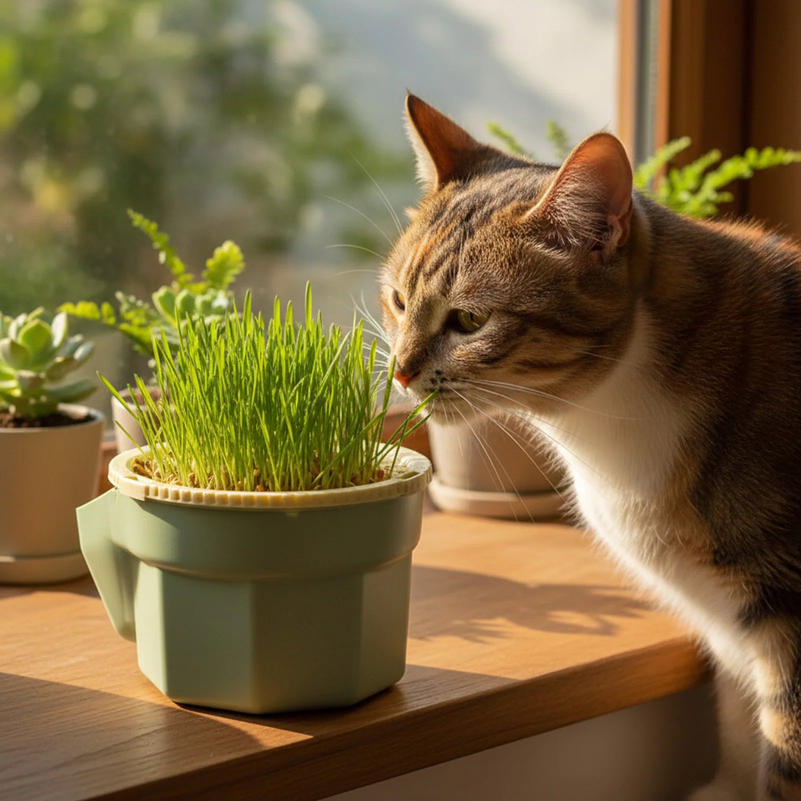 Cat eating grass from cat grass growing cup on a sunny windowsill next to houseplants