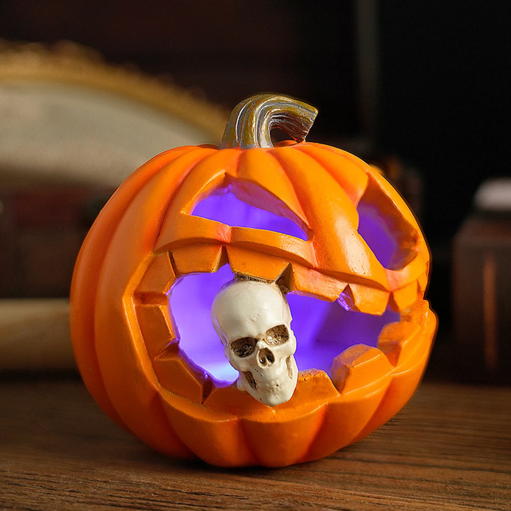 pumpkin lantern with skull statue, soft purple glow, on a wooden table