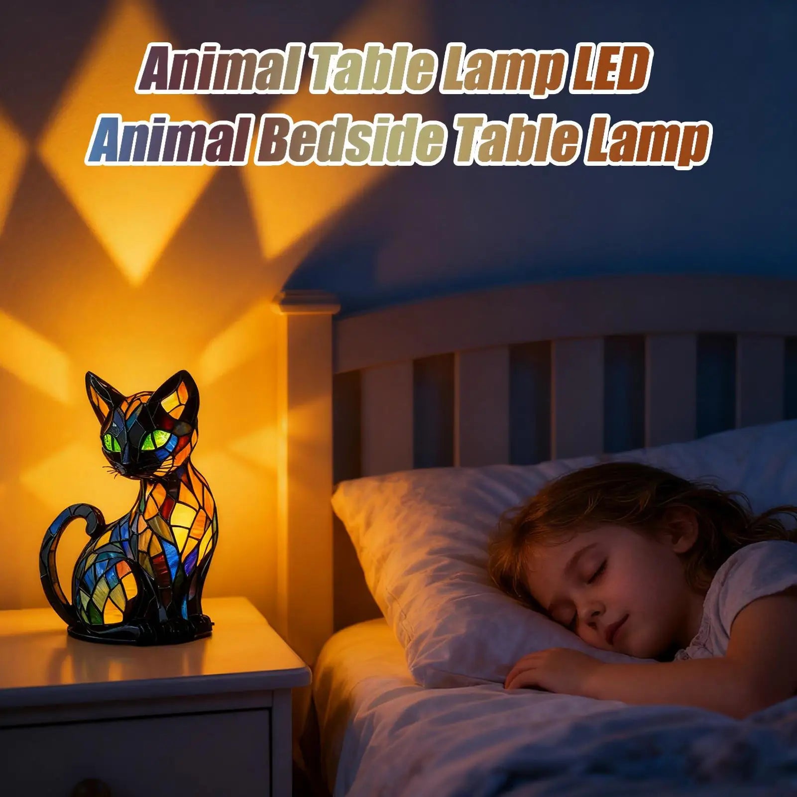 Cat shaped LED bedside lamp on nightstand in bedroom with child sleeping