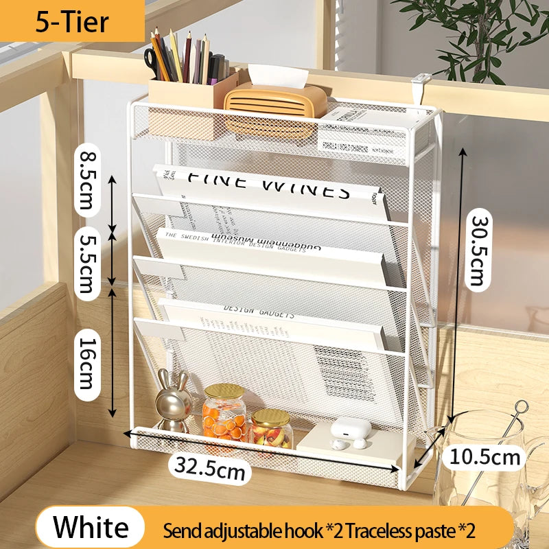 Wall-Mounted Mesh Desk Organizer with Adjustable Hooks, 4-6 Tiers