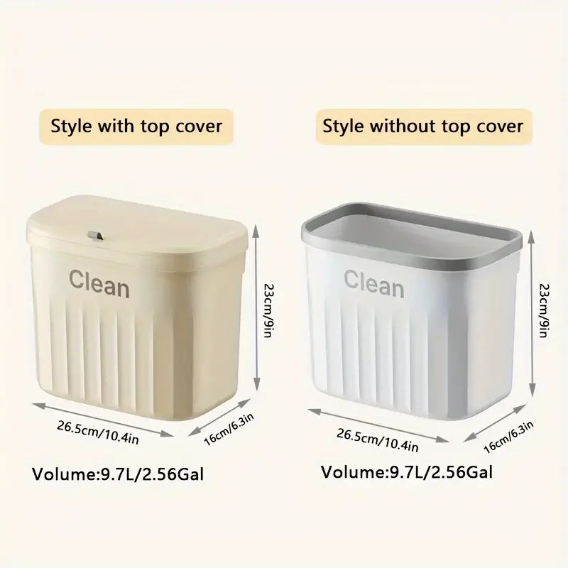 Size diagram of trash bins showing beige and white bins with and without top covers on a neutral background