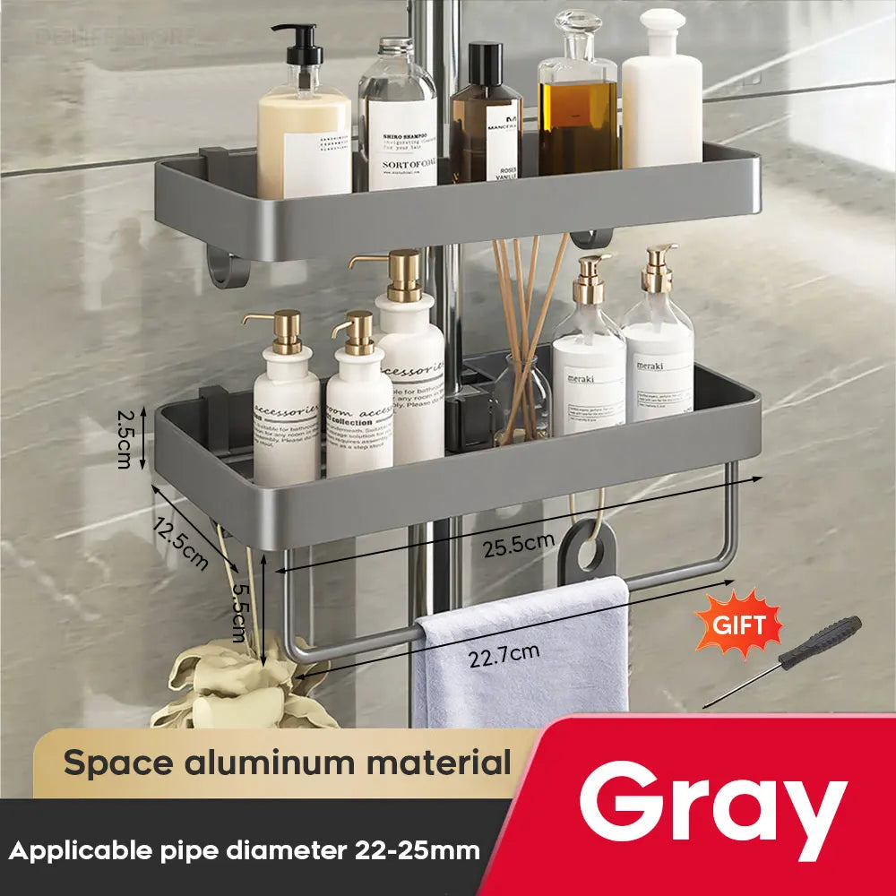 Adjustable Aluminum Shower Caddy with Towel Bar for Round Shower Poles