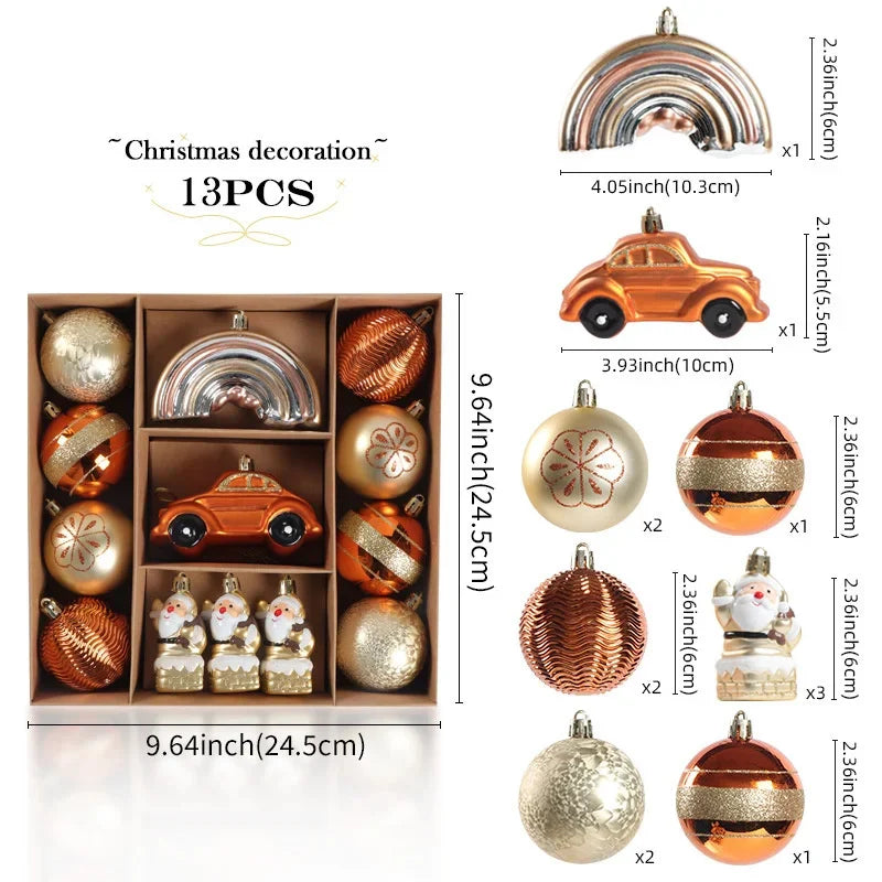 Copper and gold 13-piece Christmas ornament set with rainbow, car, Santa, and assorted baubles and character figures, with size reference