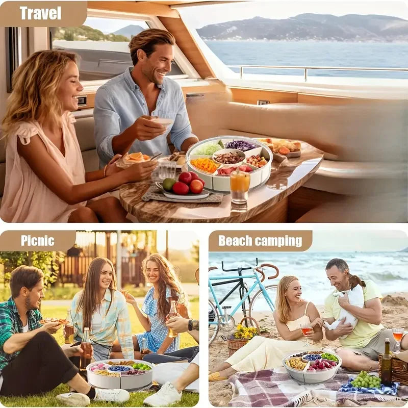 People using the divided snack tray during travel, a picnic, and beach camping