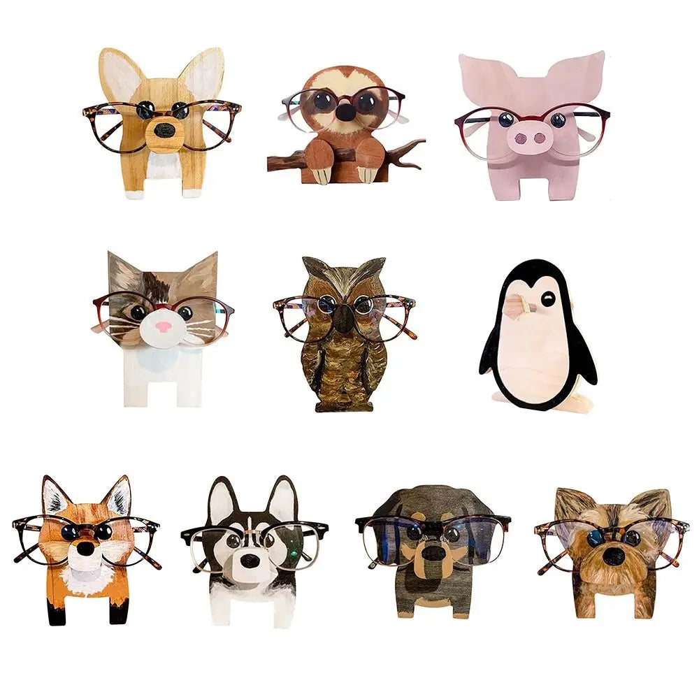 Assorted animal-shaped wooden eyeglasses holders with glasses on each
