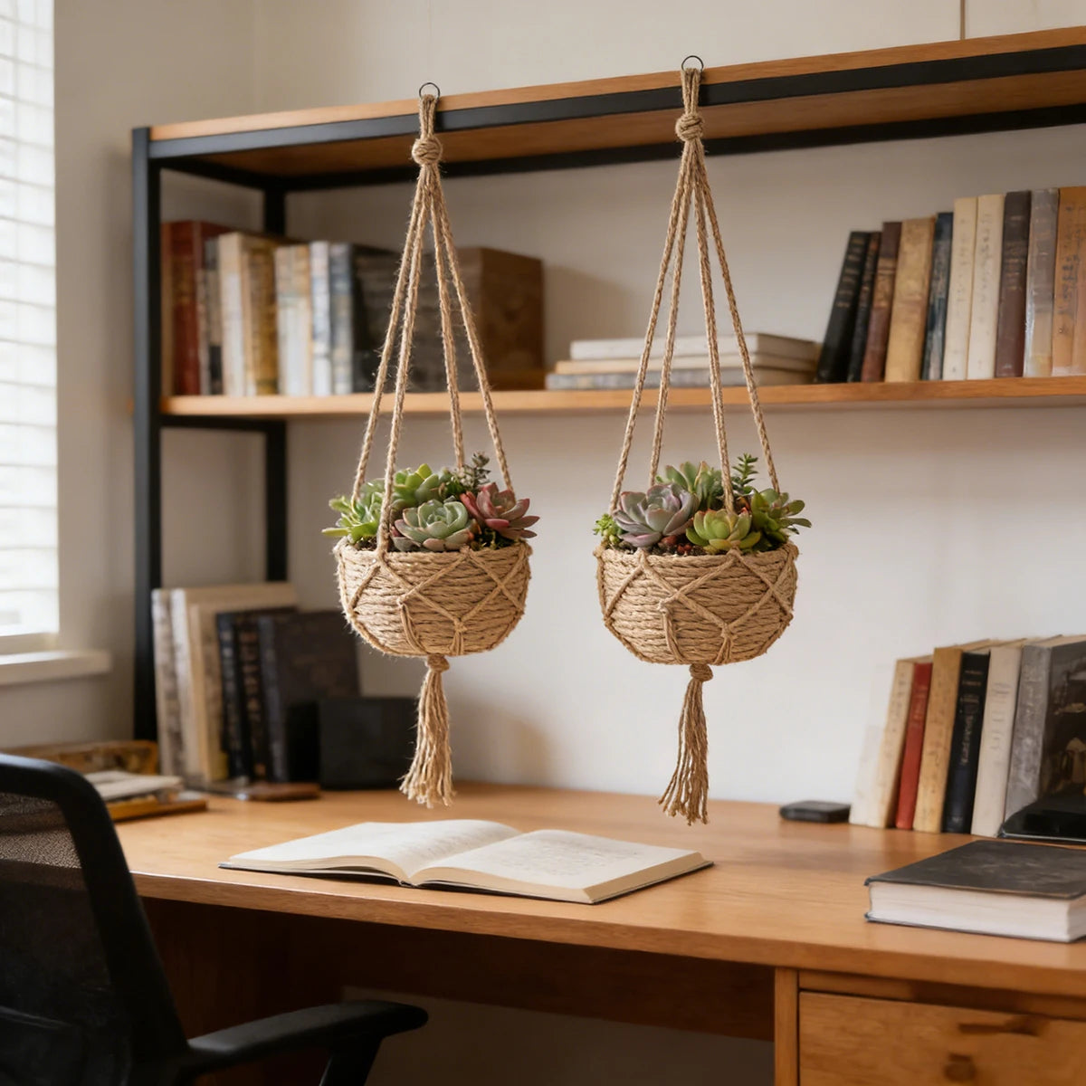 Jute macrame hanging planters with succulents over a desk in a home office