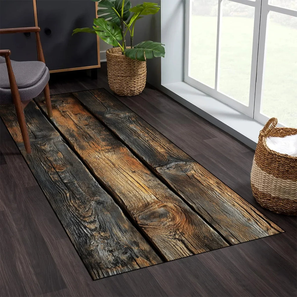Vintage-style wood grain print runner rug in a modern living area with dark floors and basket decor