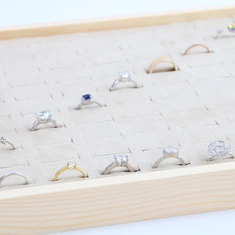 Velvet Jewelry Tray for Drawer or Dresser Organization – Beige & Apricot Wood Display with Compartments for Rings, Necklaces, Earrings