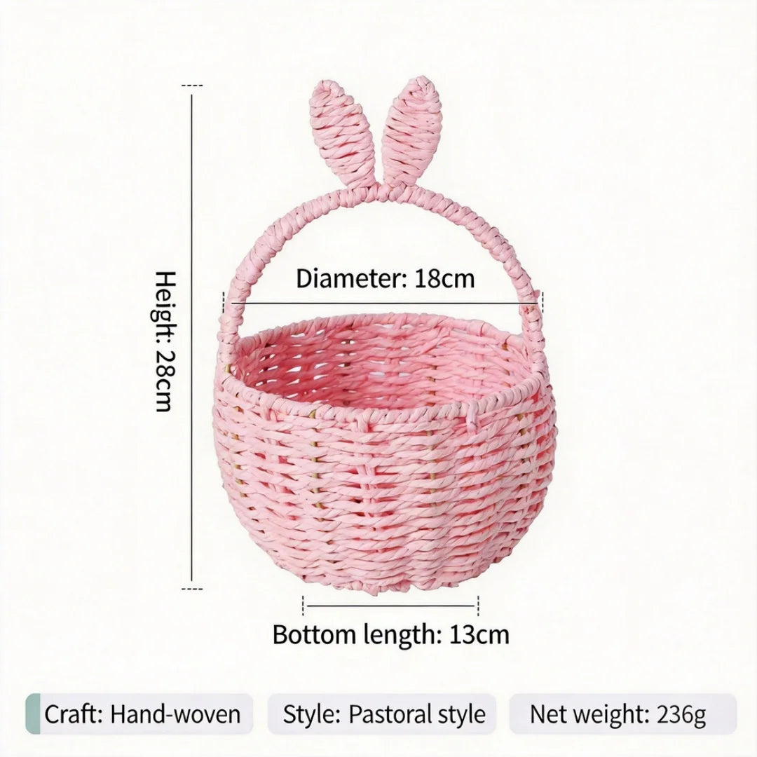 Pink hand-woven bunny ear basket with size dimensions and handle detail