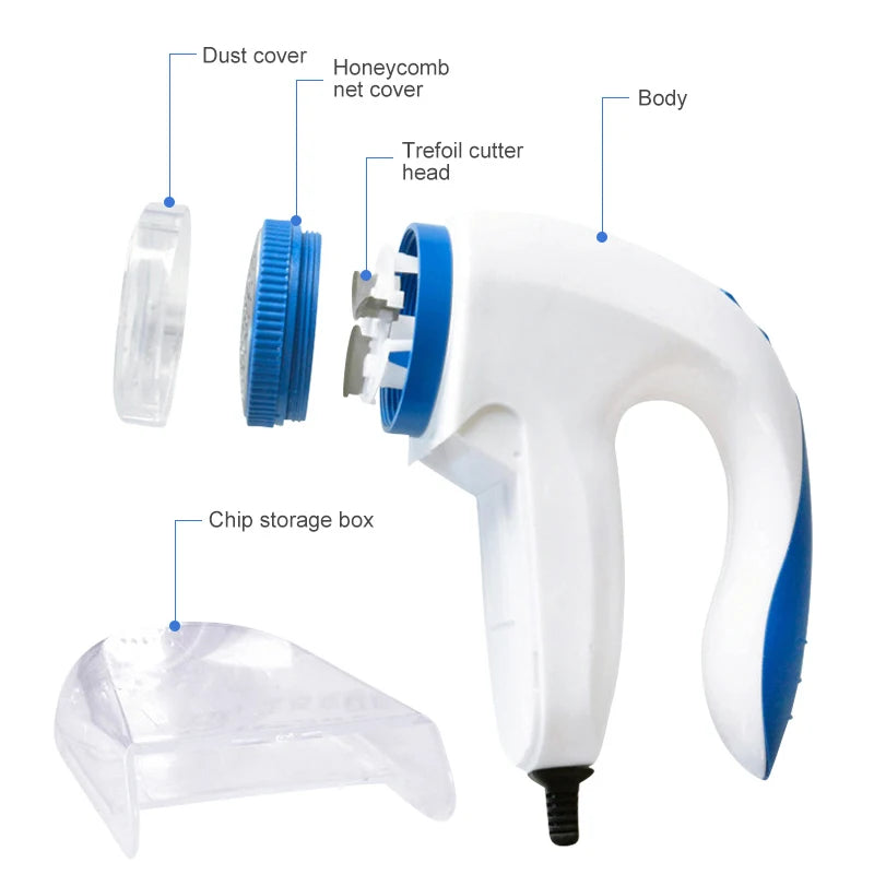 Disassembled view of electric lint remover showing dust cover, honeycomb net cover, cutter head, and chip storage box