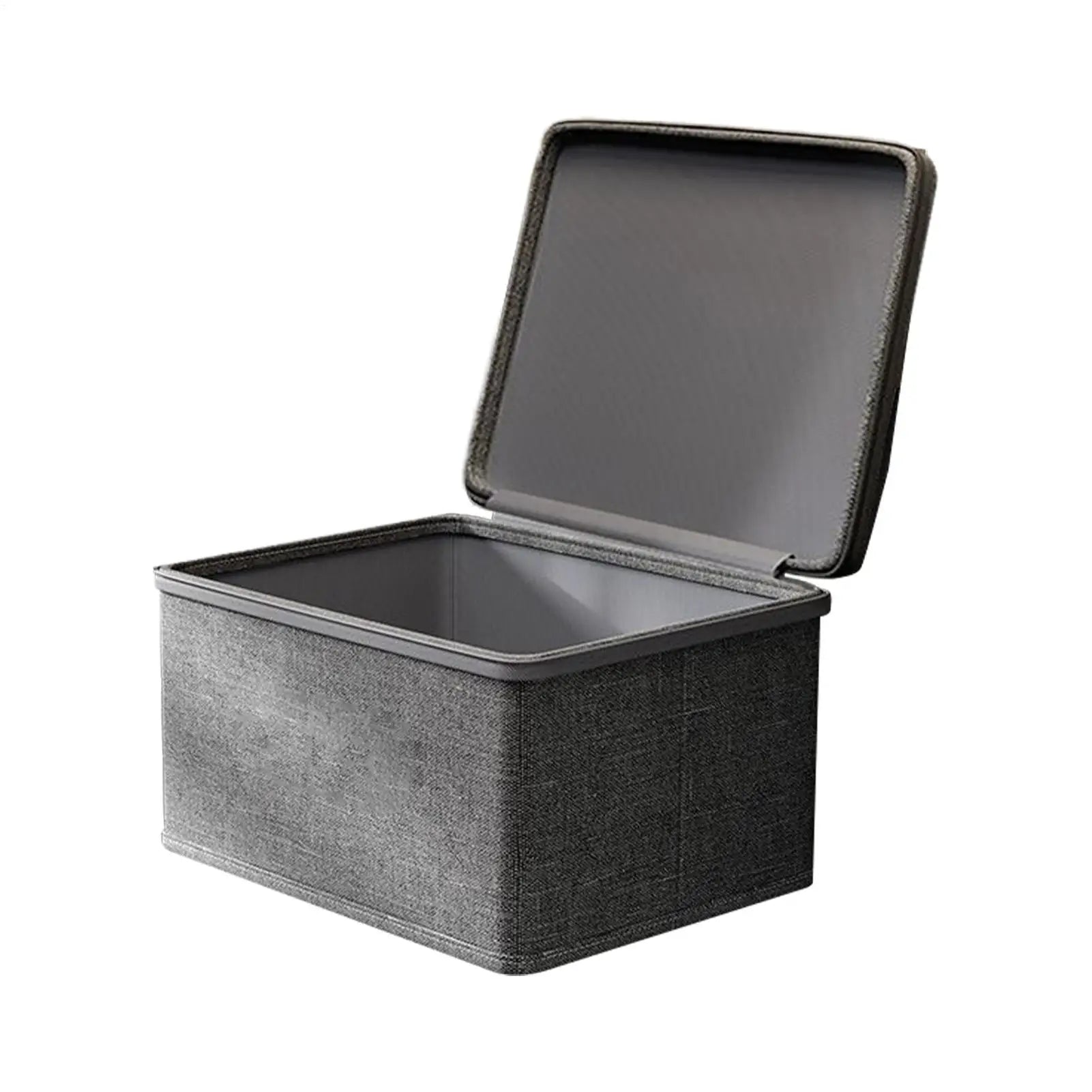 Grey storage box with open lid and fabric exterior, showing spacious interior