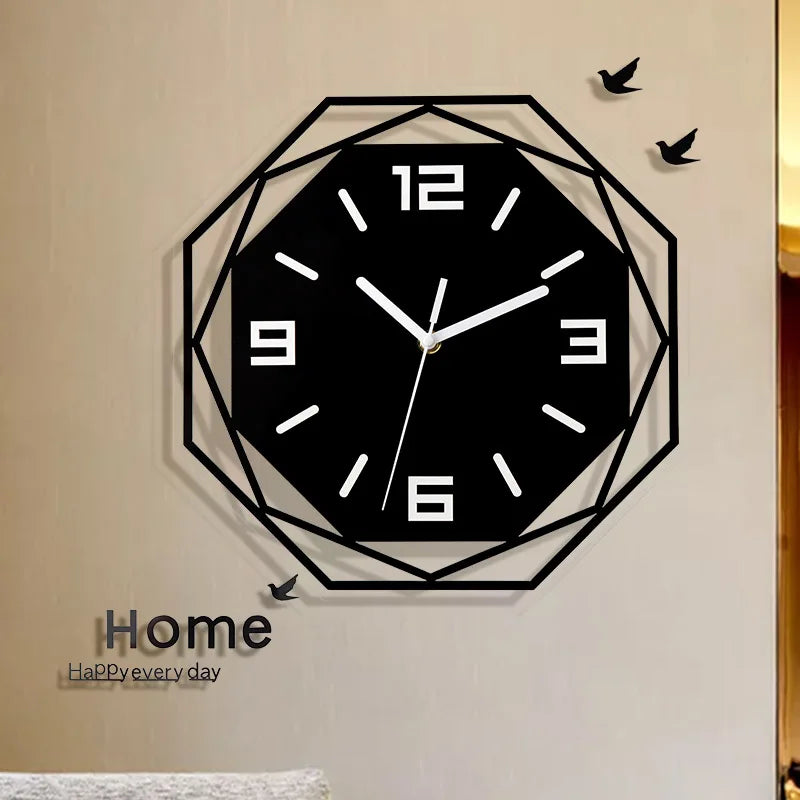 Geometric black acrylic wall clock with white numbers and modern design mounted above living room seating