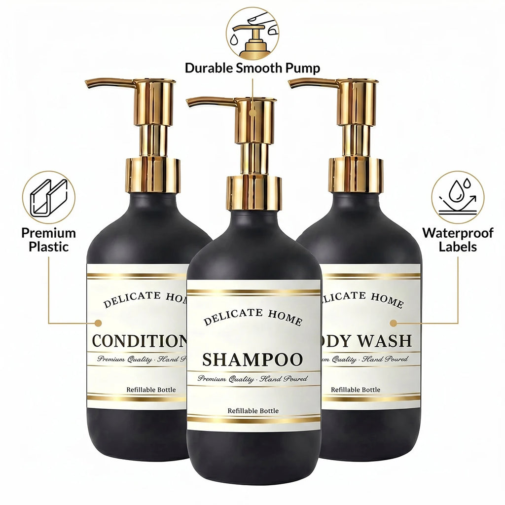 Set of matte black plastic bathroom bottles showing gold pumps and waterproof labels, with feature callouts