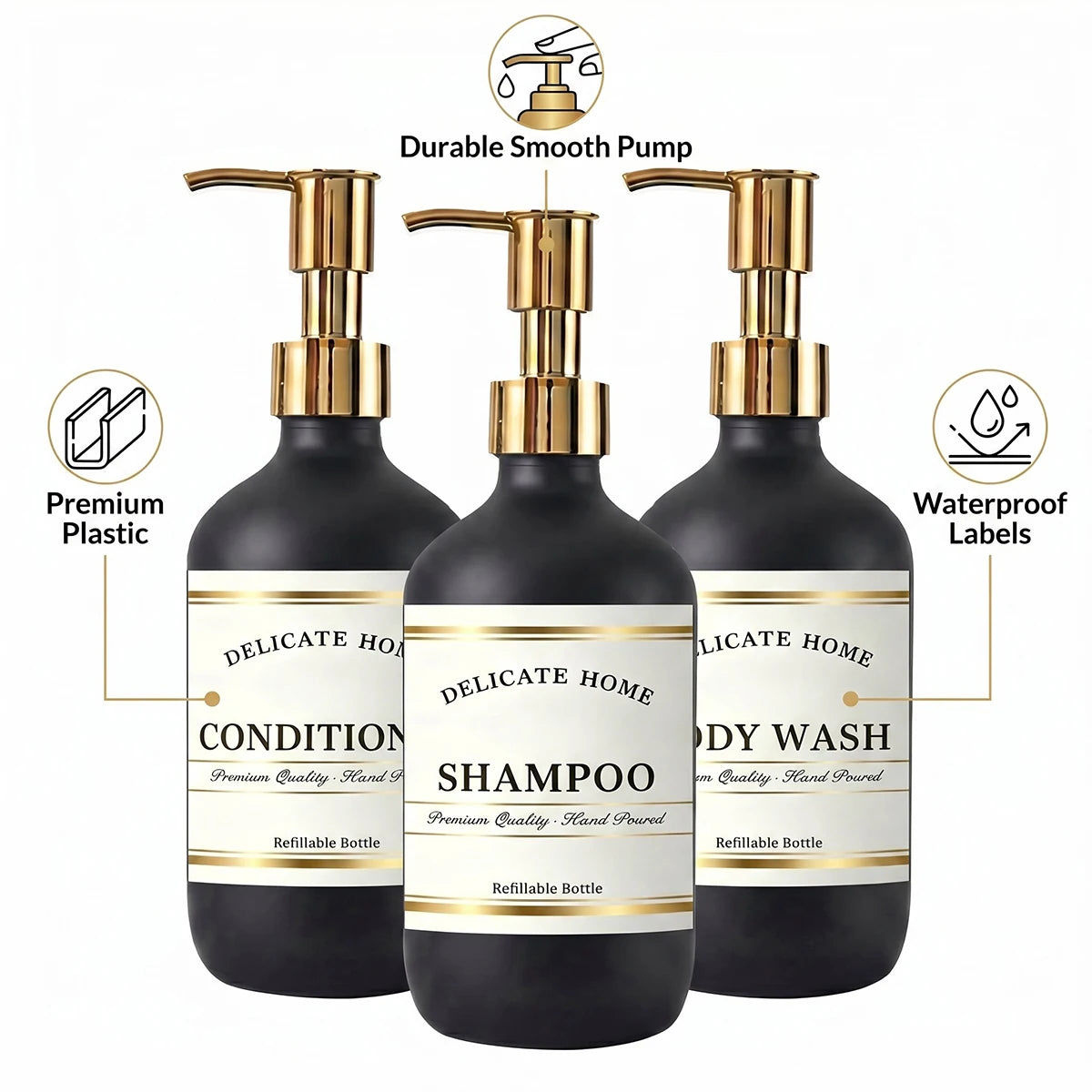 Set of matte black plastic bathroom bottles showing gold pumps and waterproof labels, with feature callouts