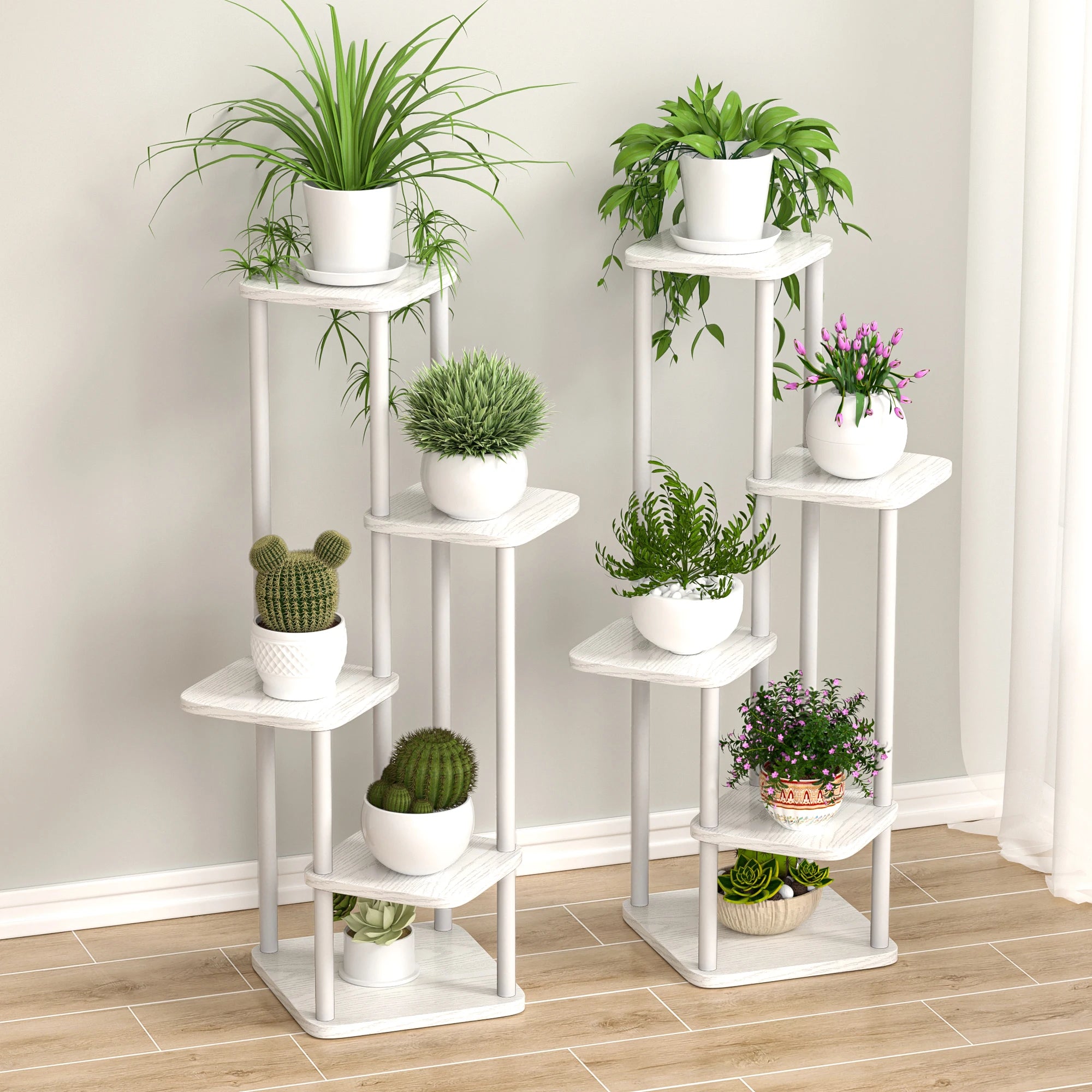 Two white wooden multi-tier plant stands with potted plants in a living room corner