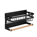 Black magnetic spice rack shelf with wooden paper towel holder and removable hooks