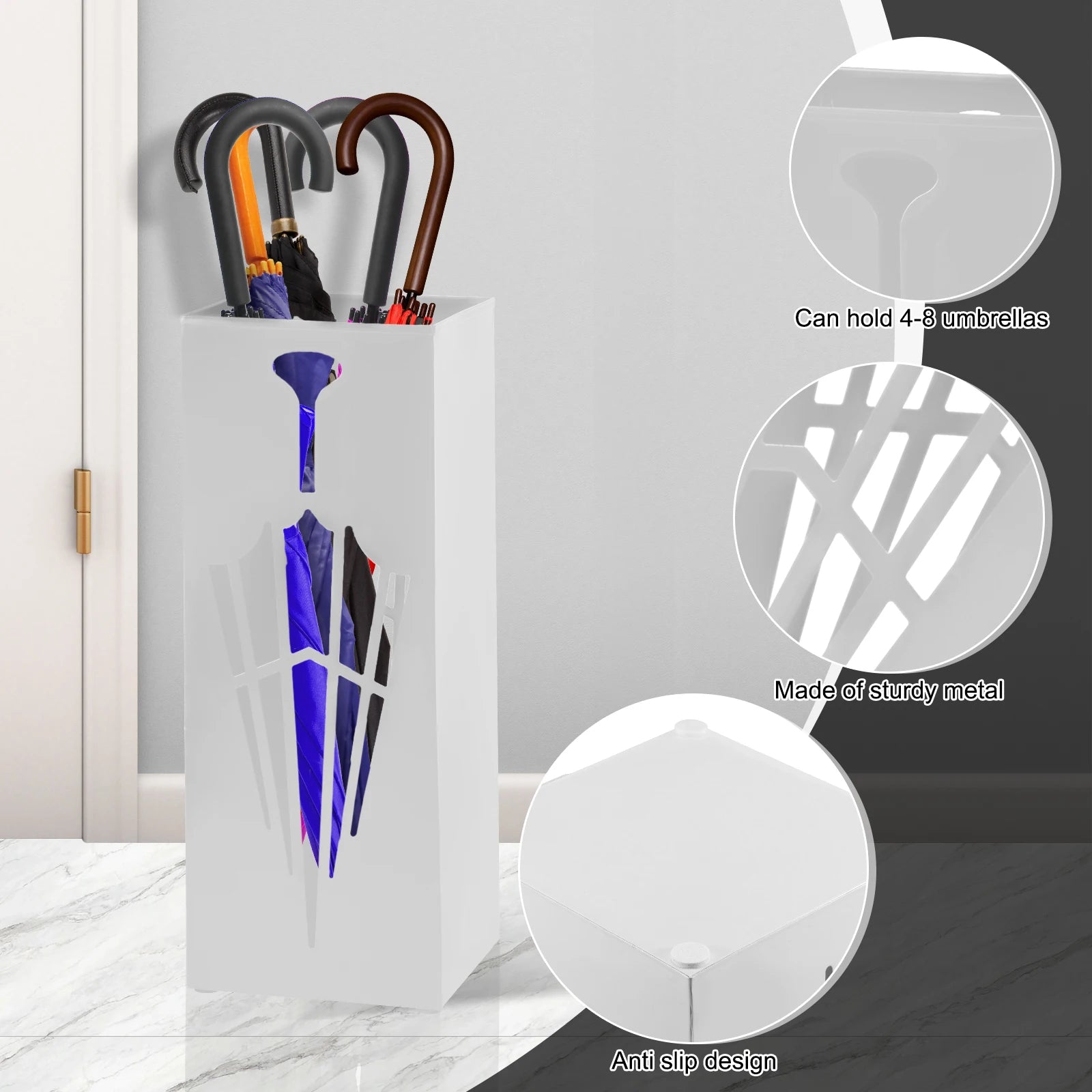White metal umbrella stand in entryway, showing anti-slip feet and sturdy metal details