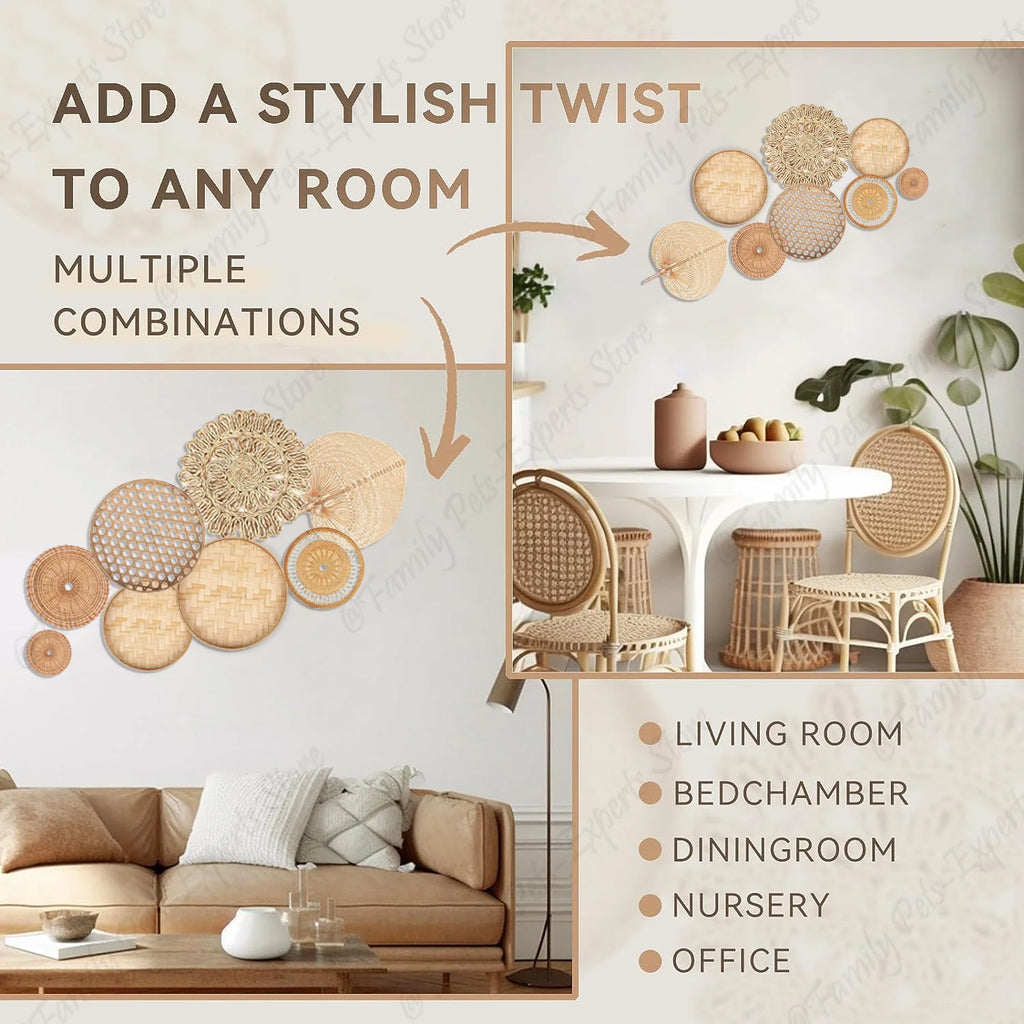 Boho wall basket set in rattan styled over a couch and dining area, suggested room placements