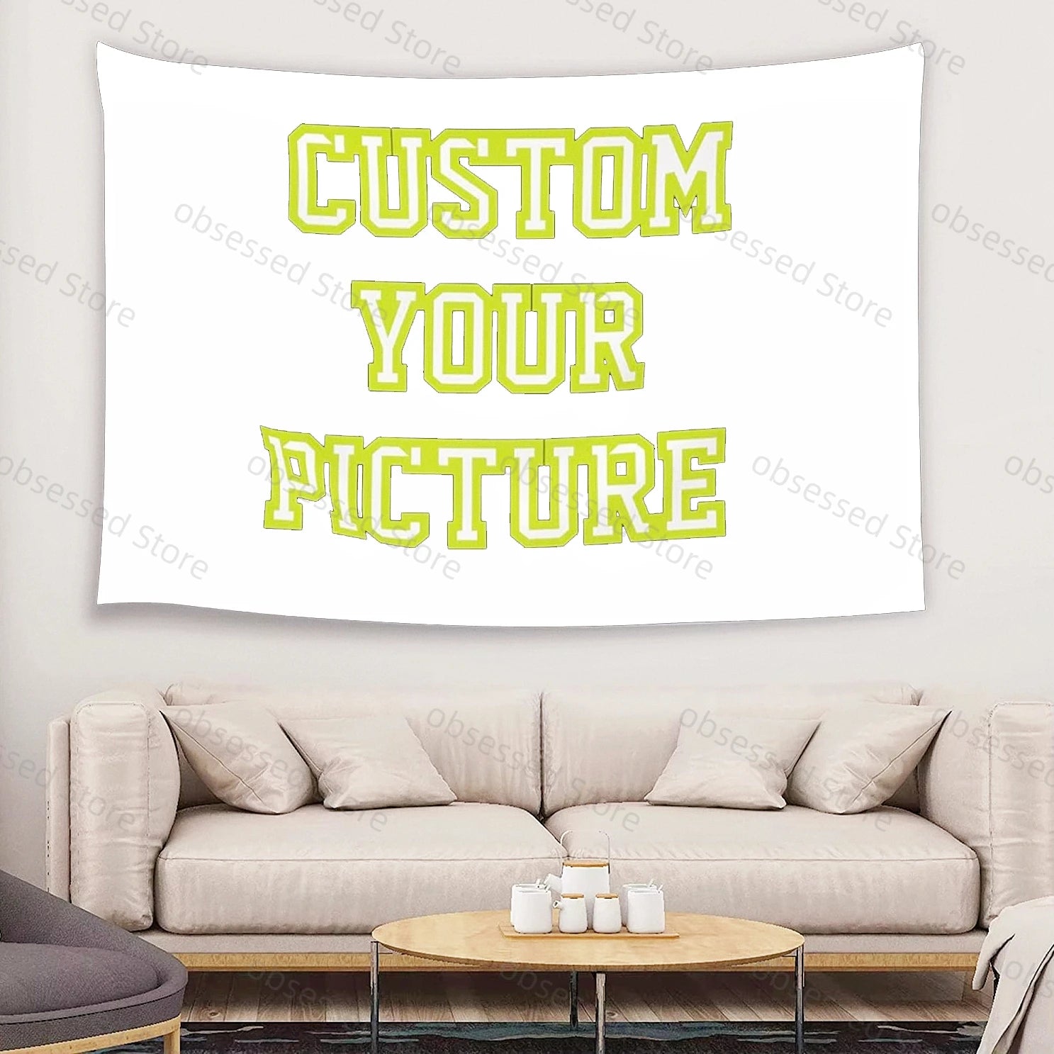 customizable tapestry for personal photo or artwork hanging above a beige sofa