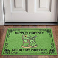 Green frog doormat with playful illustration at a front door