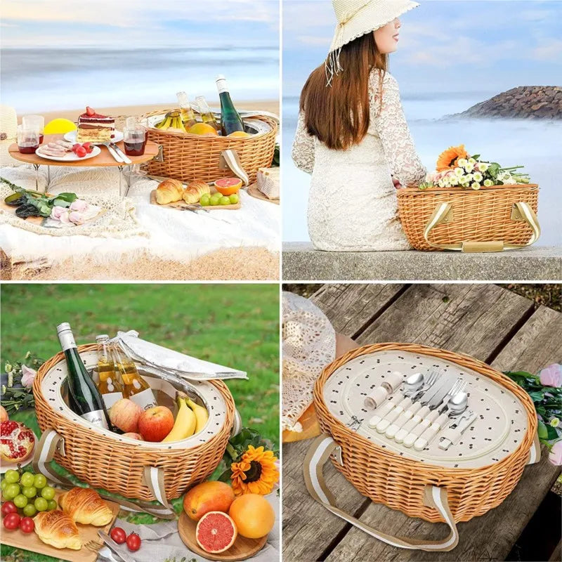 Collage of woven picnic basket in various outdoor settings with fruit, drinks, and table lid in use