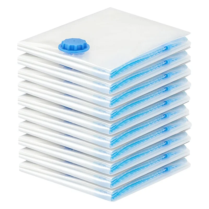 Stack of ten clear vacuum storage bags with blue valves, folded