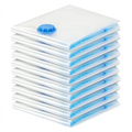 Stack of ten clear vacuum storage bags with blue valves, folded