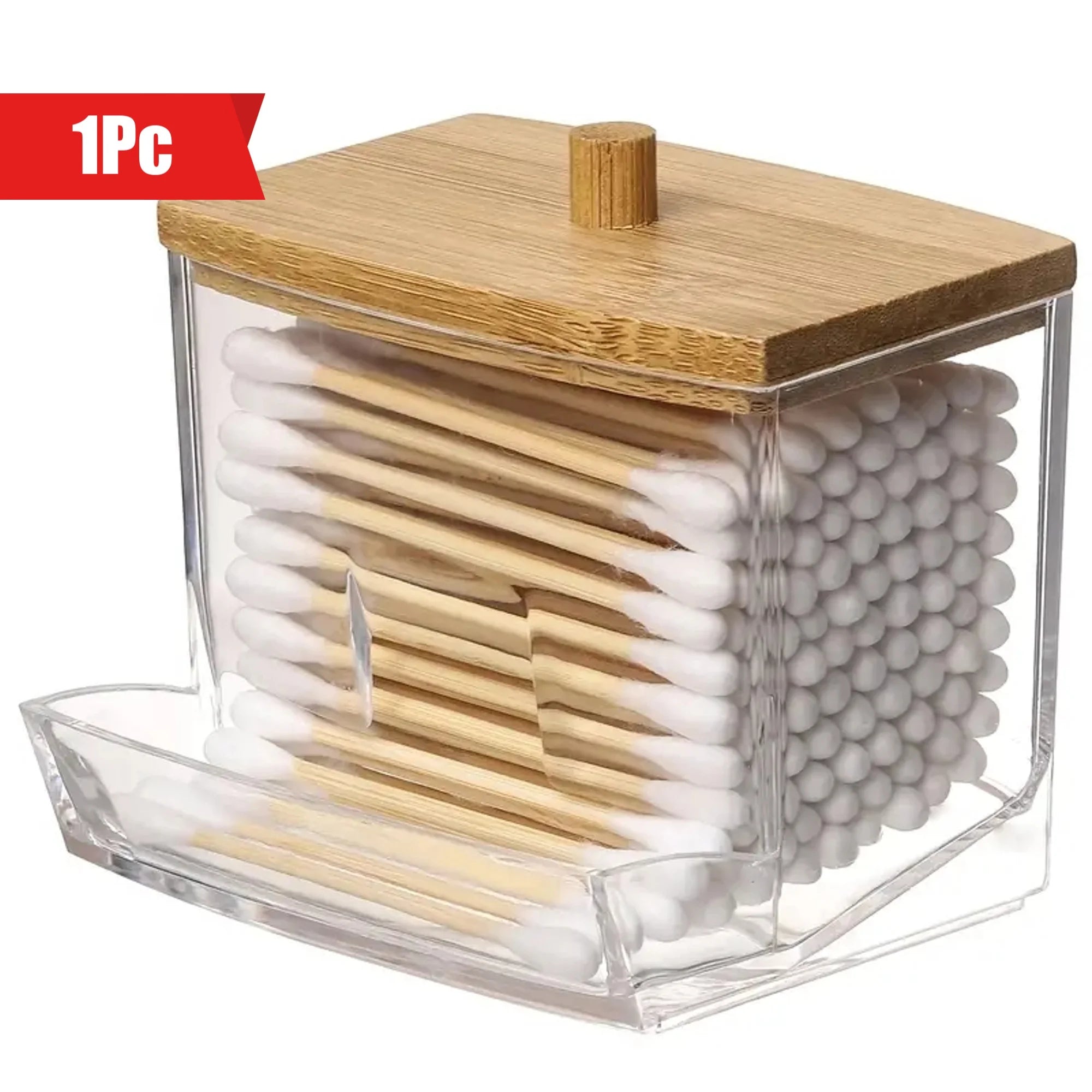 Clear cotton swab holder with bamboo lid on a white background, filled with cotton swabs