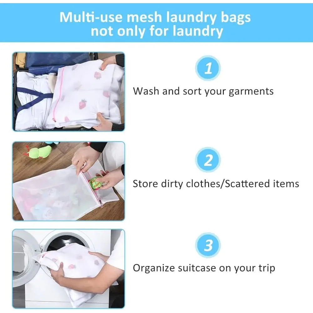 Multi-use infographic showing mesh bags used for laundry, storage, and travel organization
