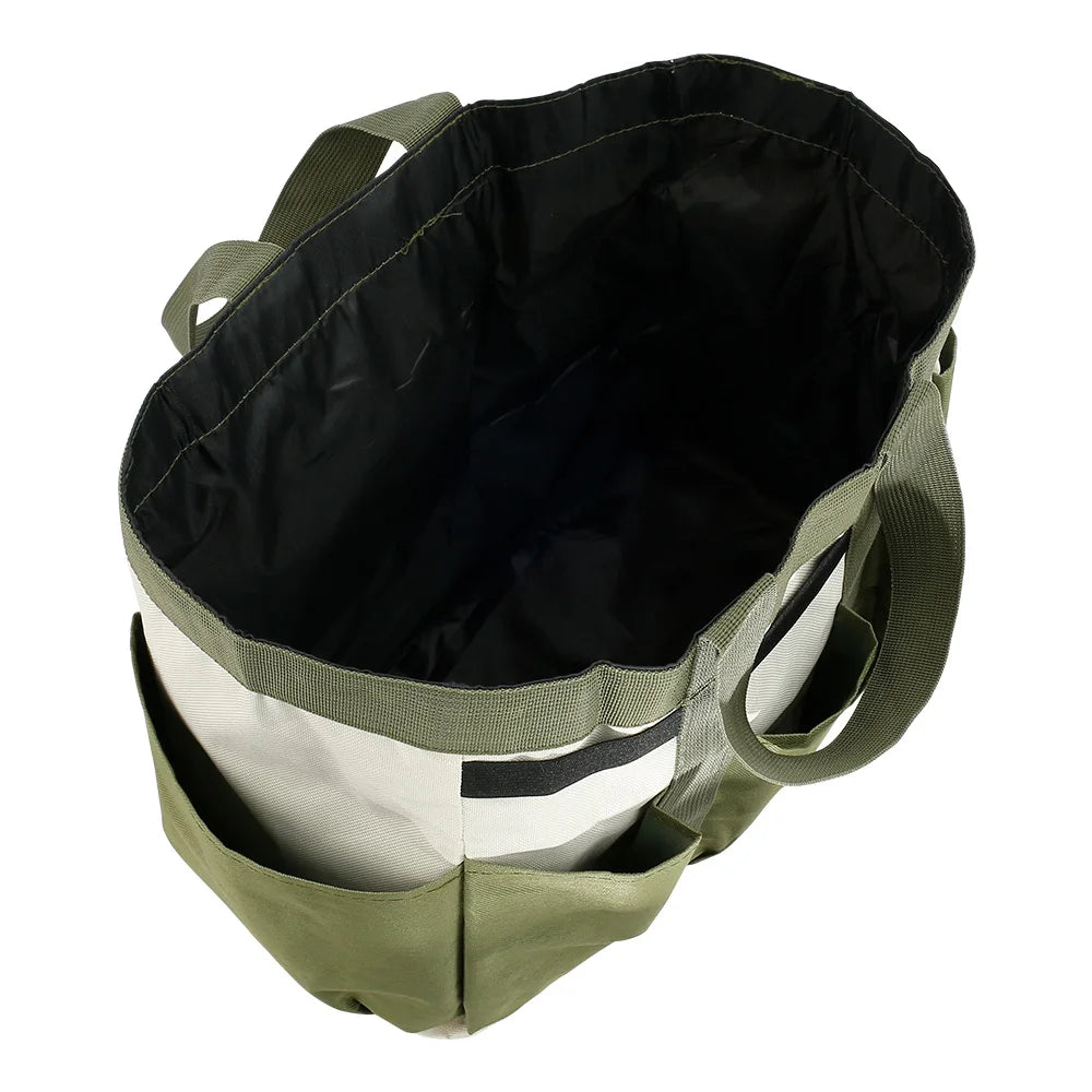Interior view of army green and cream 8-pocket garden tool bag, showing large main storage compartment.