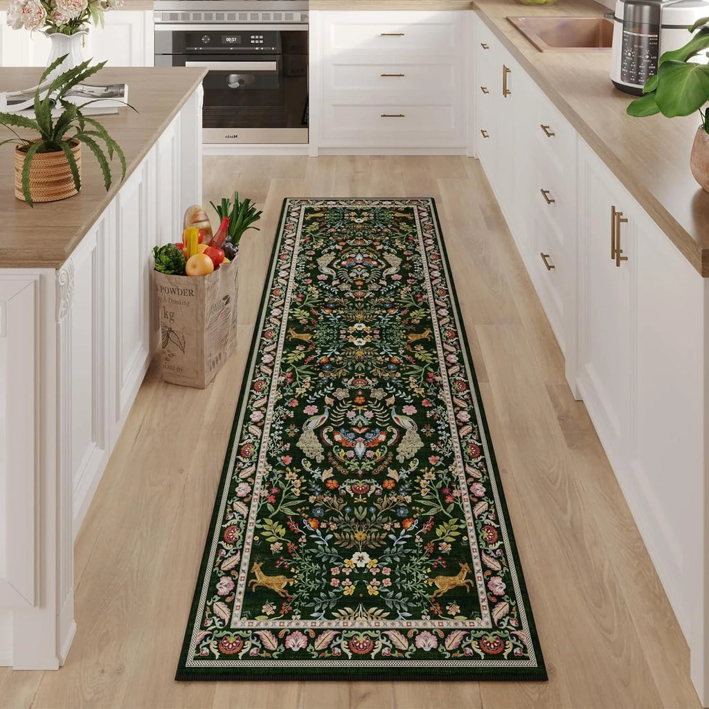 Green Wilton floral hallway runner rug in a bright white kitchen