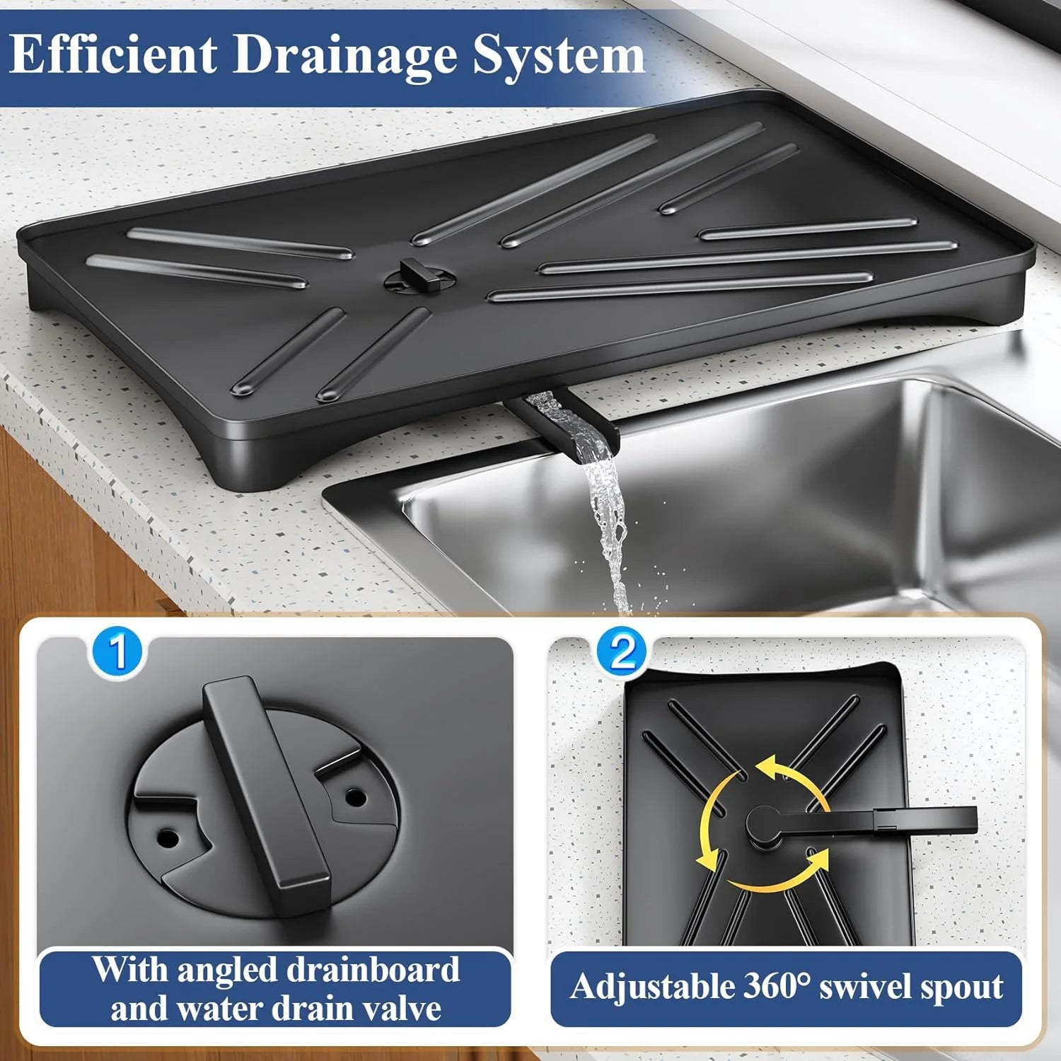 angled black drainboard with 360 degree swivel spout draining water into a sink