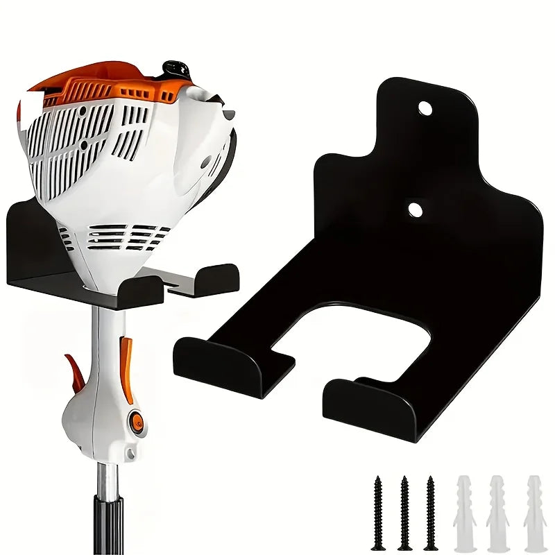 Wall-mounted cast iron tool holder shown holding a trimmer with included mounting hardware