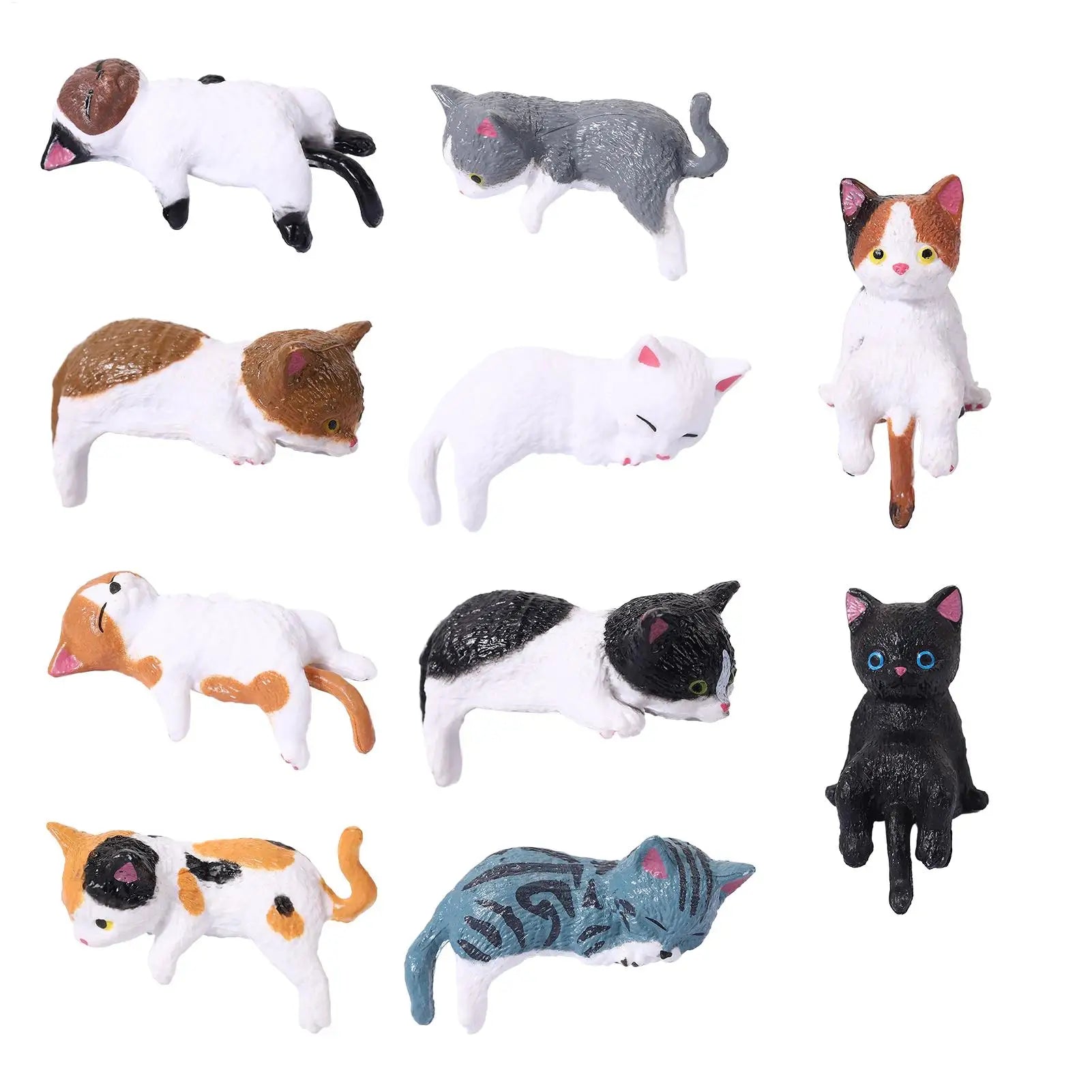 Assorted mini resin cat figurines in various poses, shown as a complete set of ten