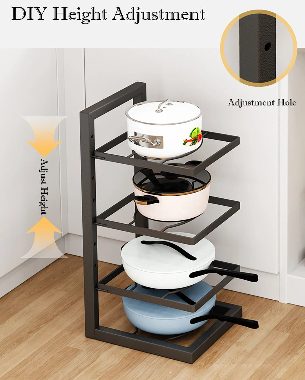 steel pot rack showing adjustable shelf height for different pan sizes