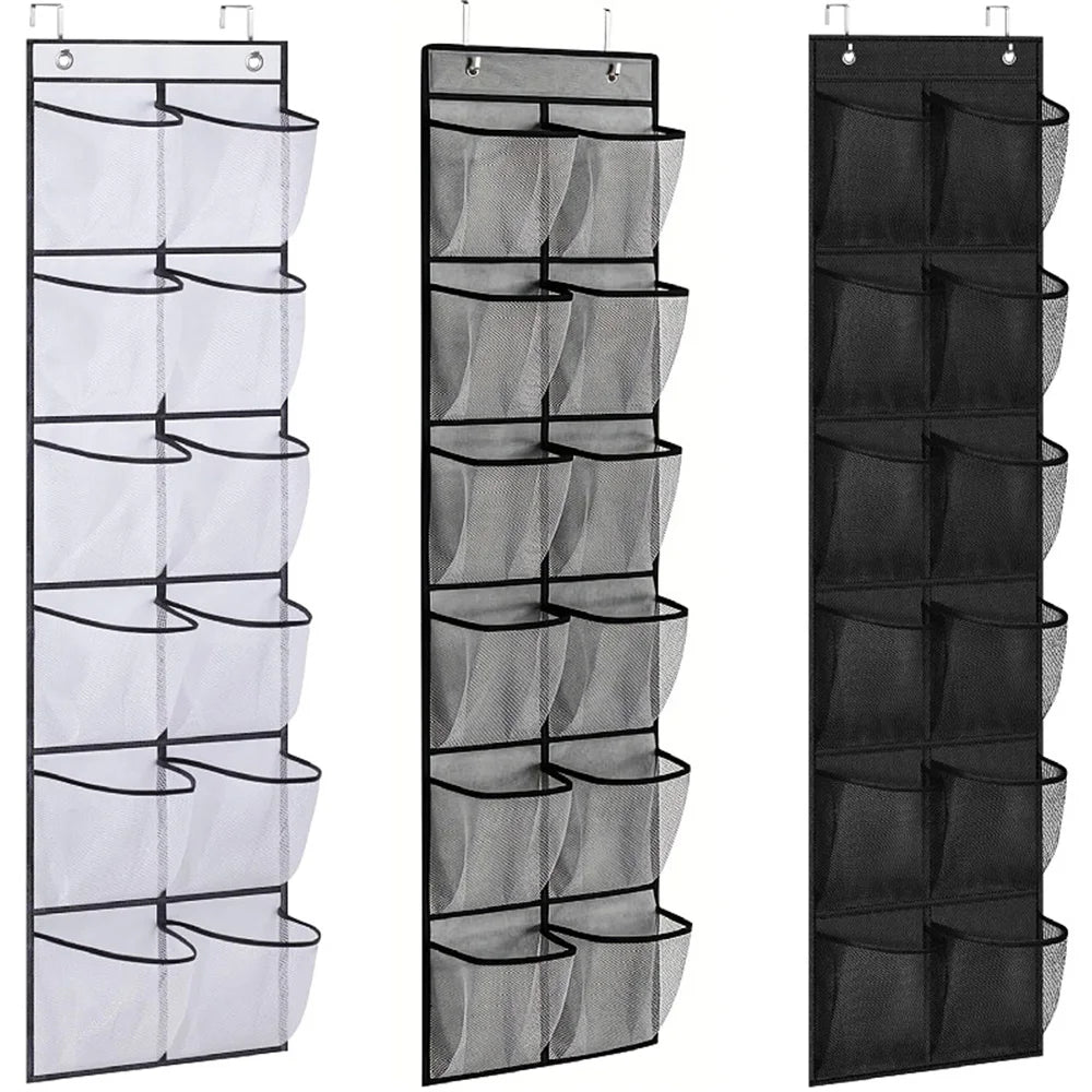 Over-the-door mesh pocket organizers in black, gray, and white shown empty and side by side