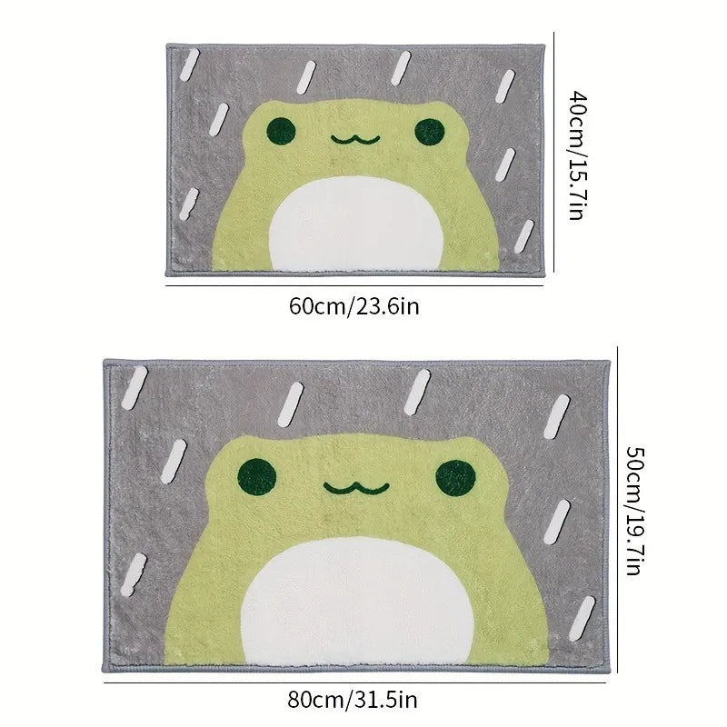 Two frog bath mats in different sizes with measurements labeled