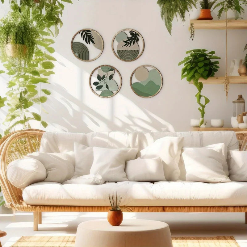 Bohemian round wooden wall panels above a white couch and plants