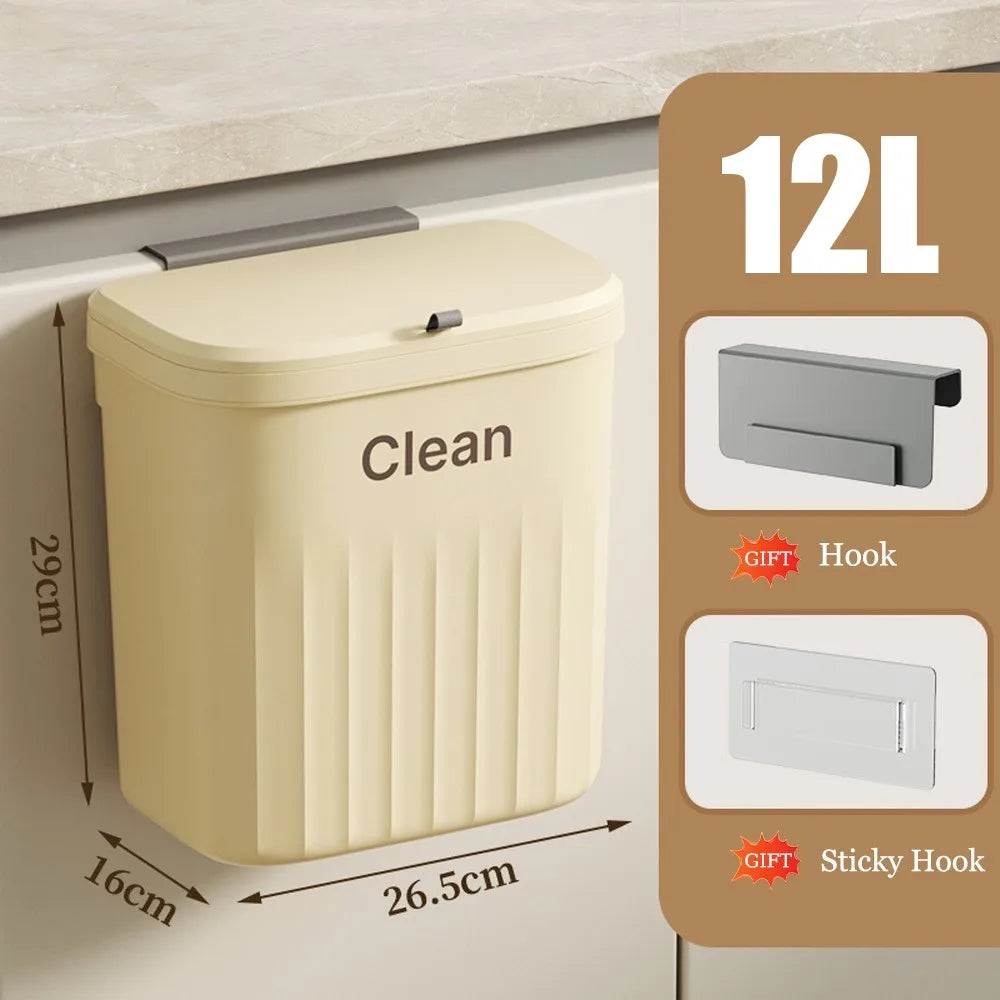 Hanging Kitchen Trash Can with Lid – 8.5L or 12L, Wall or Cabinet Mount